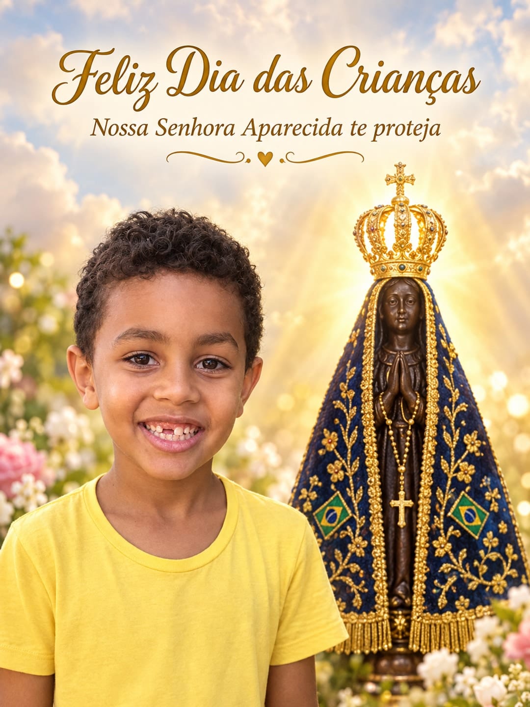 Exemplo de montagem: um menino sorrindo com Nossa Senhora Aparecida ao lado, em luz dourada e rosas